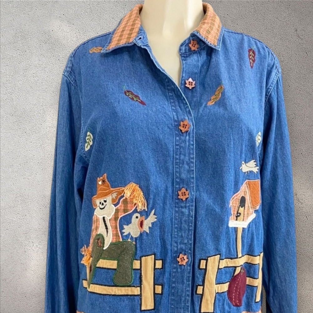 DRESS BARN | Scarecrow Pumpkins Fall Harvest Denim Button Up Shirt Sz XL - Picture 2 of 14
